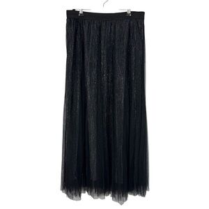 Shimmery Black Pleated Tulle Midi Skirt L Evening Cocktail Party Dark Romantic
